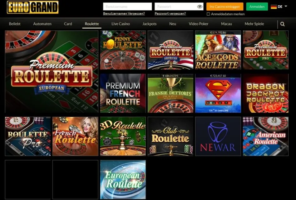 Eurogrand Casino Spielauswahl – exklusive Playtech Slots und Tischspiele
